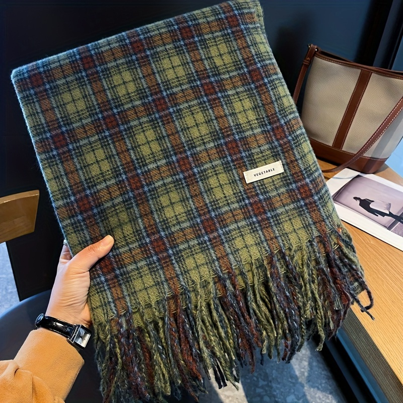 Cashmere Scarf Wrap - Vintage verde xadrez borla cachecol feminino