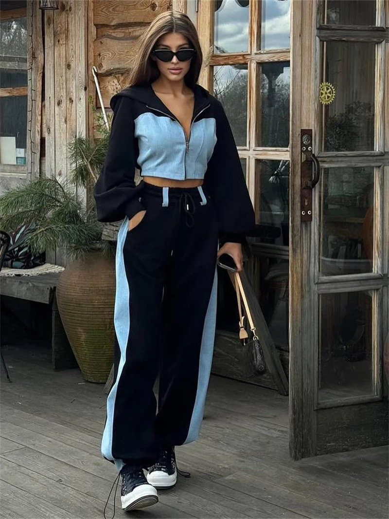 Winter Clothing Factory Outlet - Conjunto denim patchwork top e calça