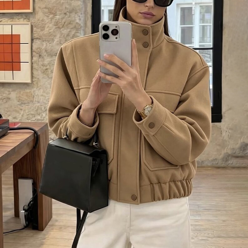 Wool Blend Coat - Jaqueta Feminina Minimalista Estilo Piloto com