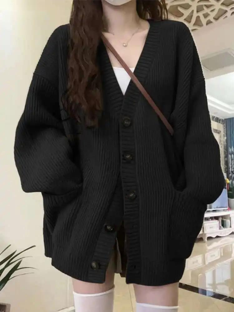 Wool Blend Coat - Cardigan solto feminino manga longa com